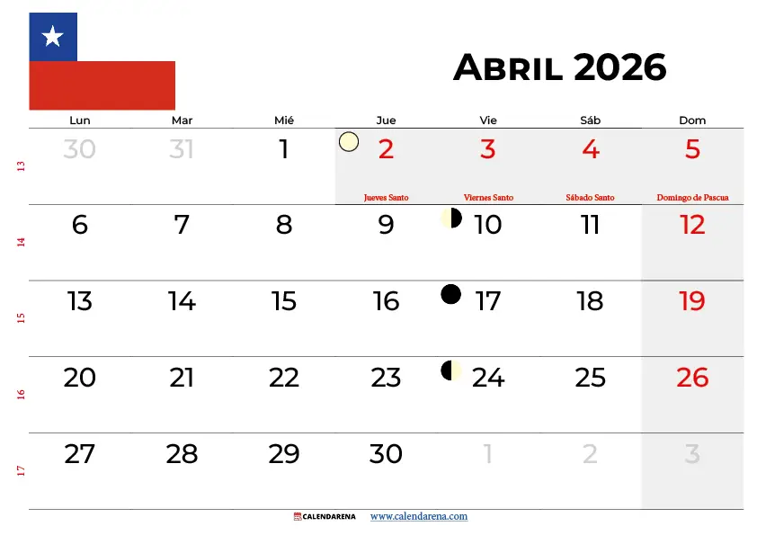 Calendario Abril 2026 Chile