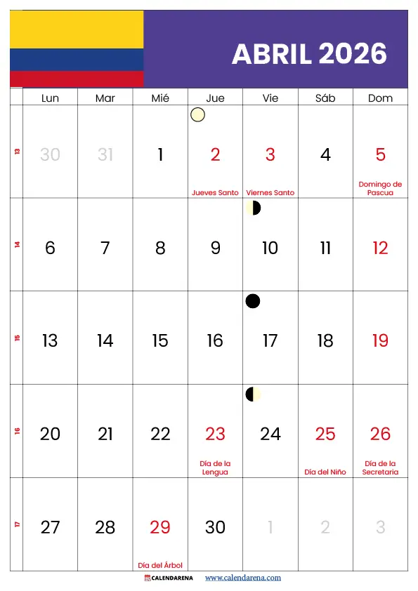 Calendario Abril 2026 Colombia Con Festivos