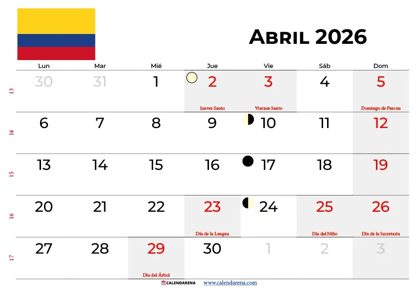 Calendario Abril 2026 Colombia