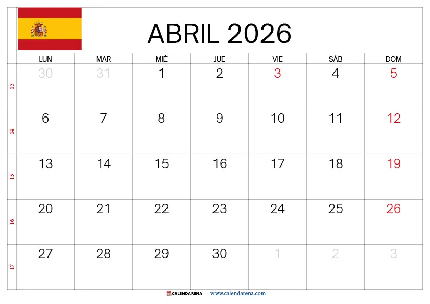 Calendario Abril 2026 Con Festivos España