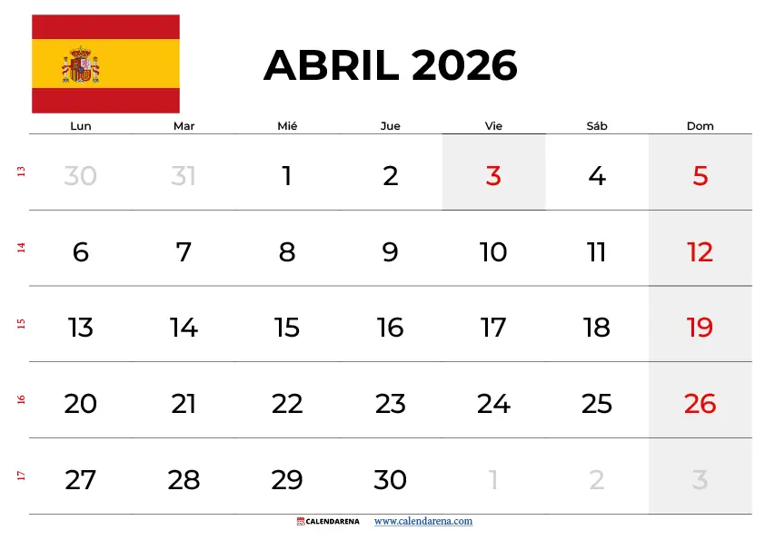 Calendario Abril 2026 España