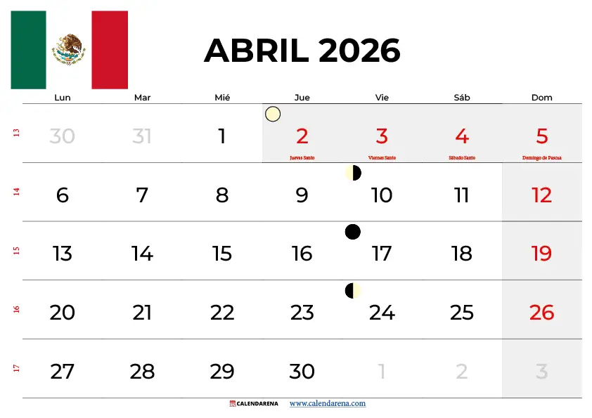 Calendario Abril 2026 Mexico