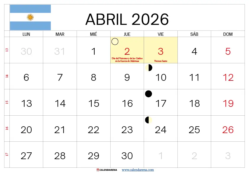 Calendario Abril 2026 Para Imprimir Argentina