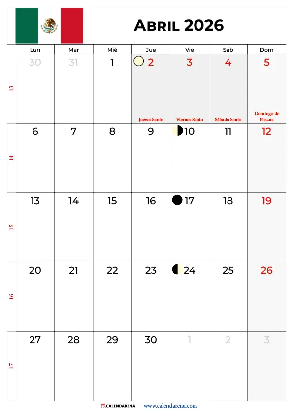 Calendario Abril 2026 Para Imprimir Mexico