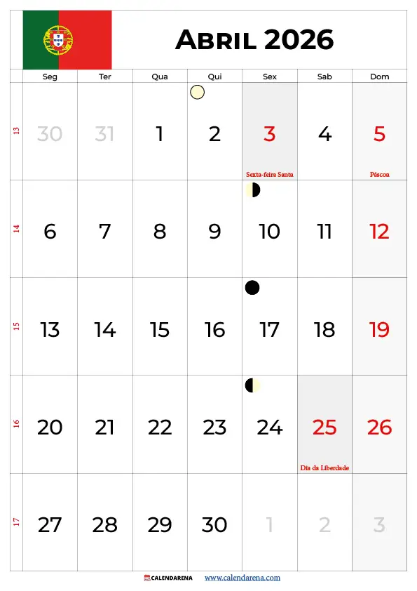 Calendario Abril 2026 Portugal