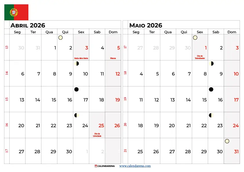 Calendario Abril E Maio 2026 Portugal