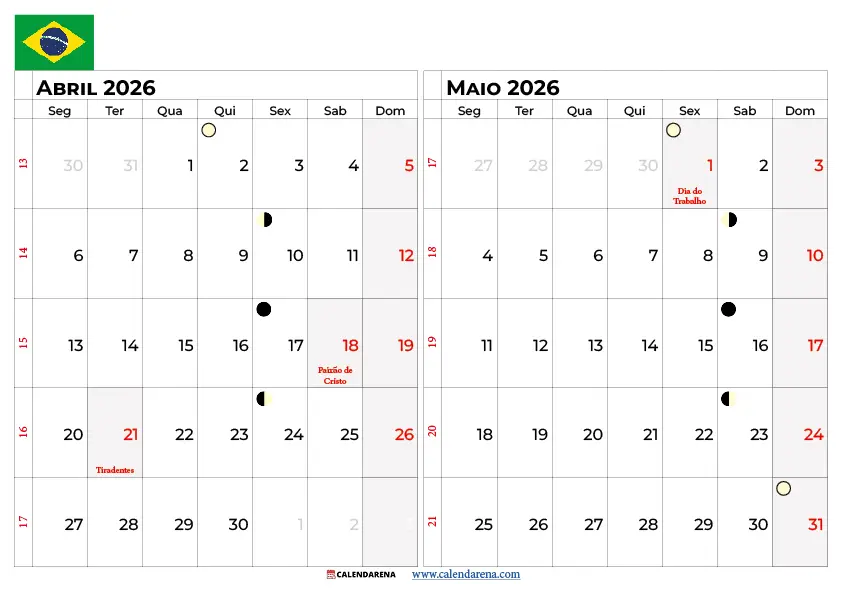 Calendario Abril E Maio 2026