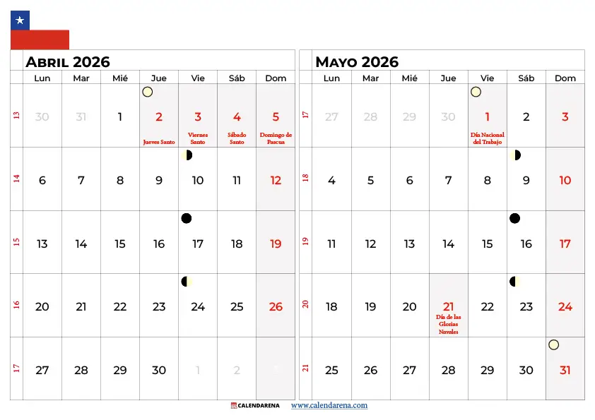 Calendario Abril Y Mayo 2026 Chile