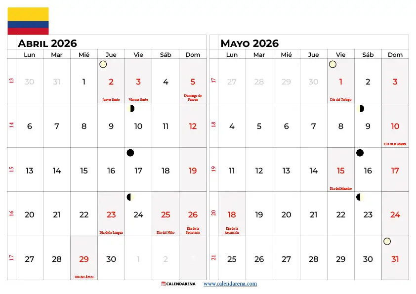 Calendario Abril Y Mayo 2026 Colombia