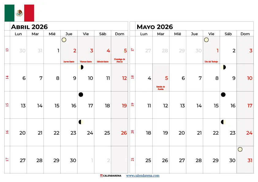 Calendario Abril Y Mayo 2026 Mexico