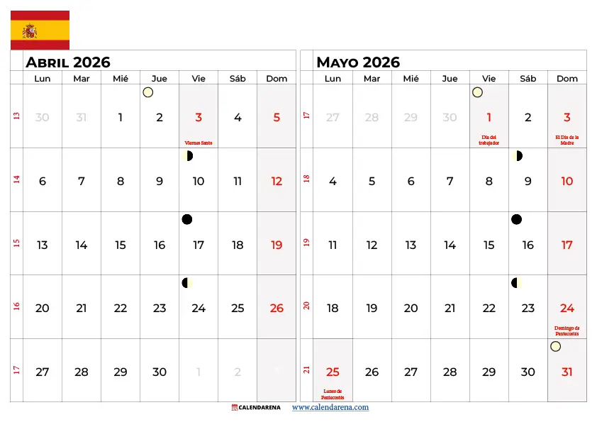 Calendario Abril Y Mayo 2026 Para Imprimir España