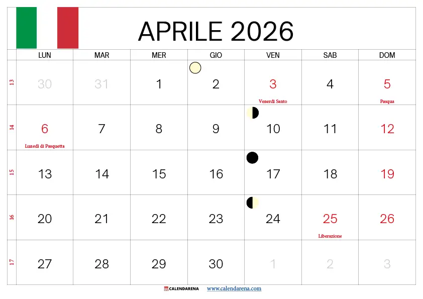 Calendario Aprile 2026 Con Festività