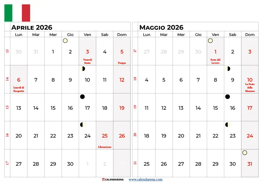 Calendario Aprile Maggio 2026