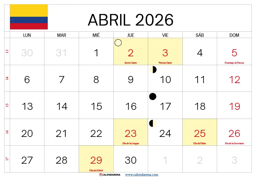 Calendario De Abril 2026 Colombia