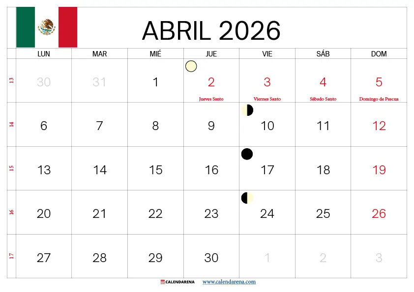 Calendario De Abril 2026 Para Imprimir Mexico
