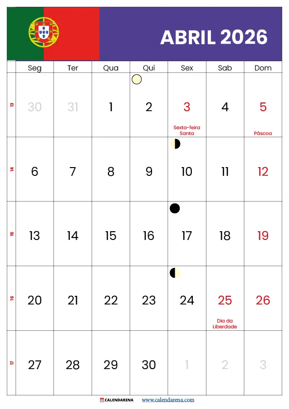 Calendário De Abril 2026 Portugal