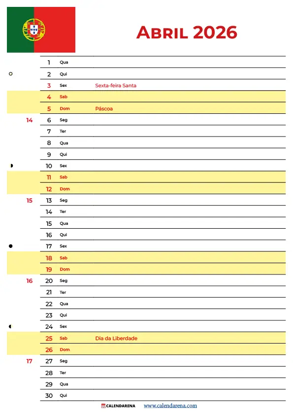 Calendário De Abril De 2026 Portugal