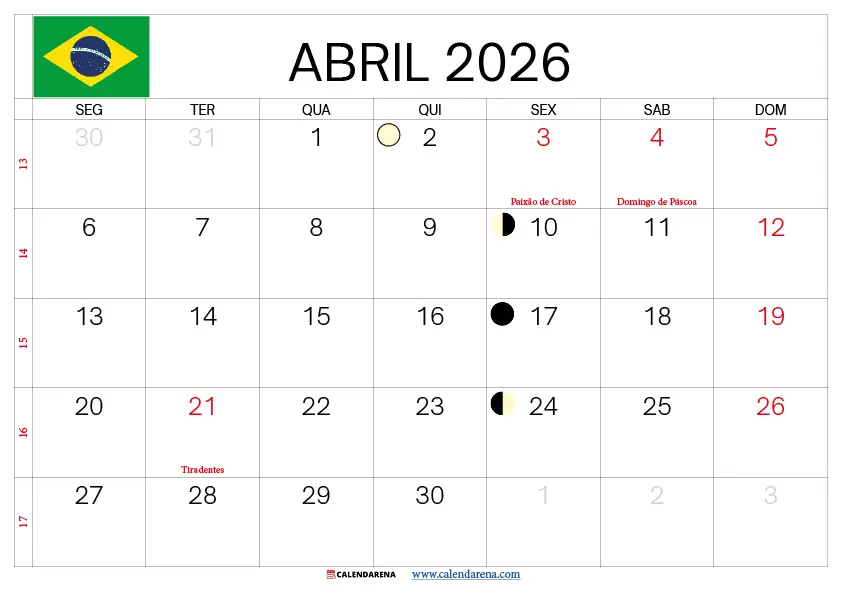 Calendário De Abril De 2026