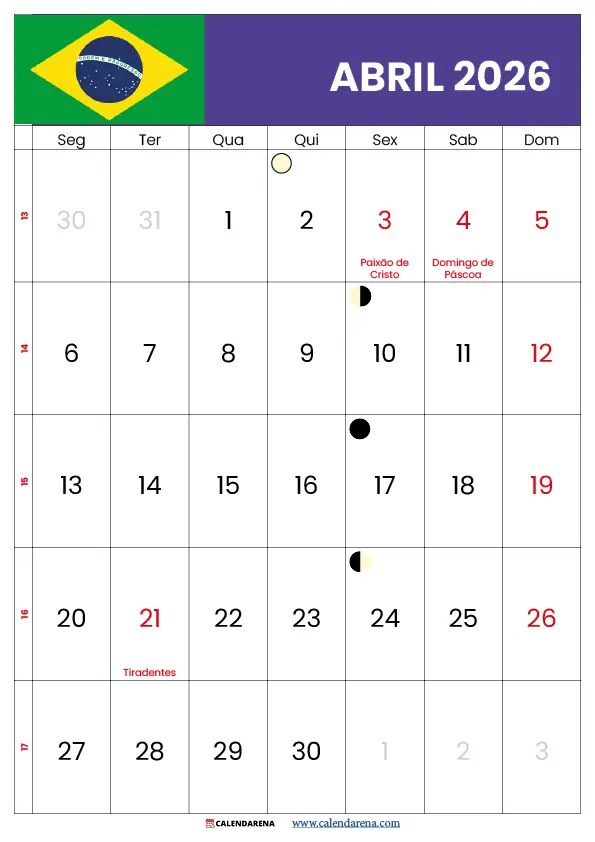 Calendário Do Mês De Abril De 2026