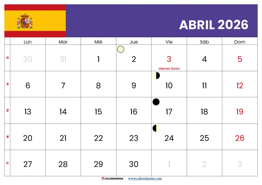 Calendario Lunar Abril 2026 España