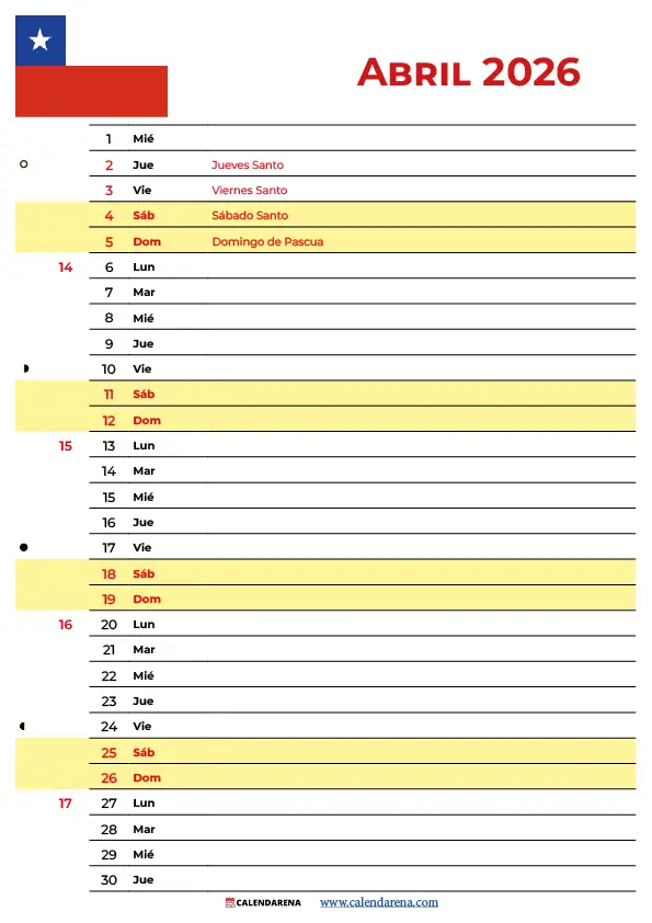 Calendario Mes De Abril 2026 Chile