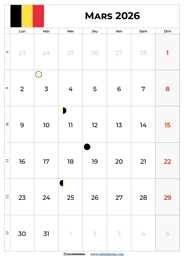 Calendrier 2026 Mars Belgique