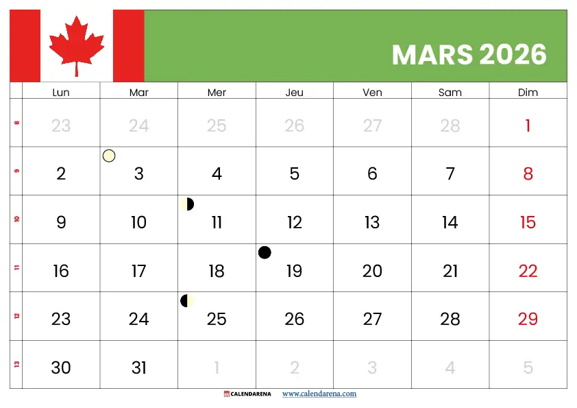 Calendrier 2026 Mars Québec