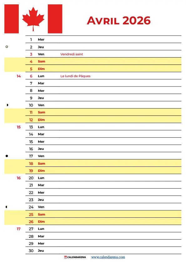 Calendrier Avril 2026 À Imprimer Gratuit Québec