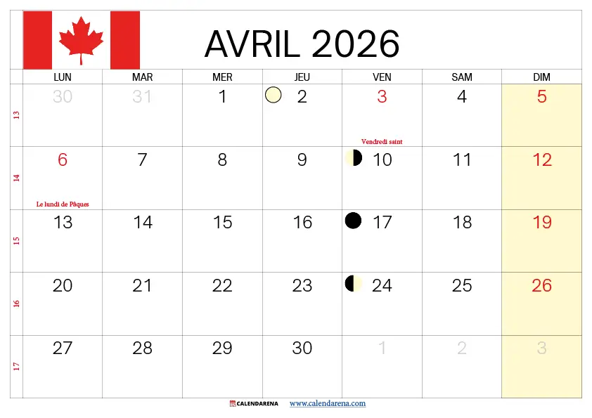 Calendrier Avril 2026 À Imprimer Québec