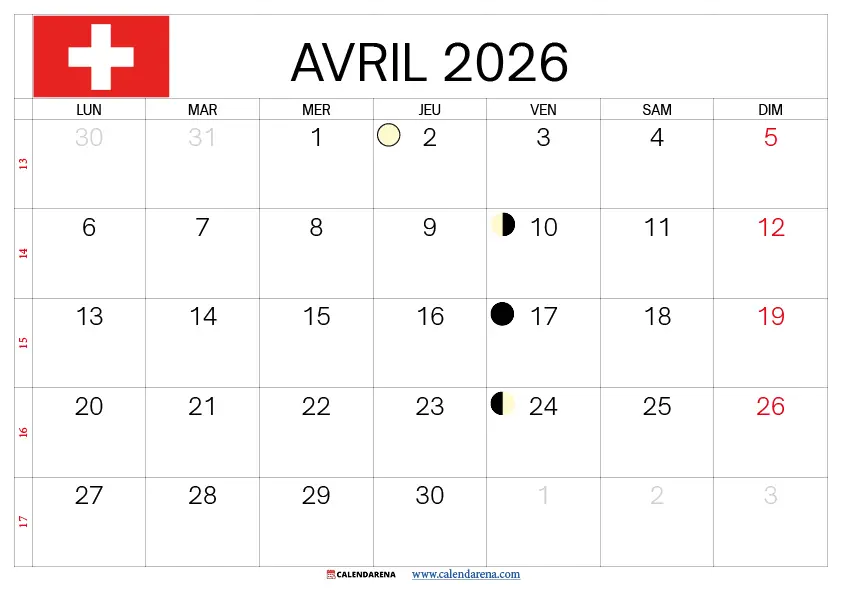 Calendrier Avril 2026 À Imprimer Suisse