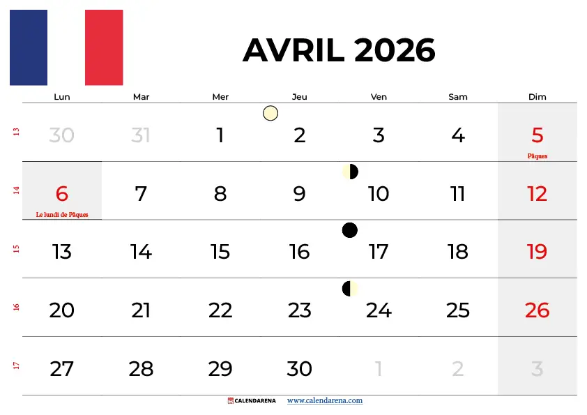 Calendrier Avril 2026 À Imprimer