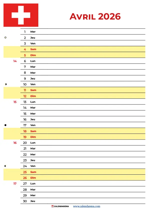 Calendrier Avril 2026 Avec Jours Fériés Suisse