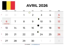 Calendrier Avril 2026 Belgique