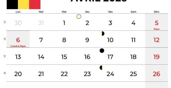 Calendrier Avril 2026 Belgique