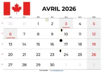 Calendrier Avril 2026 Québec