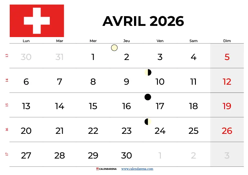 Calendrier Avril 2026 Suisse