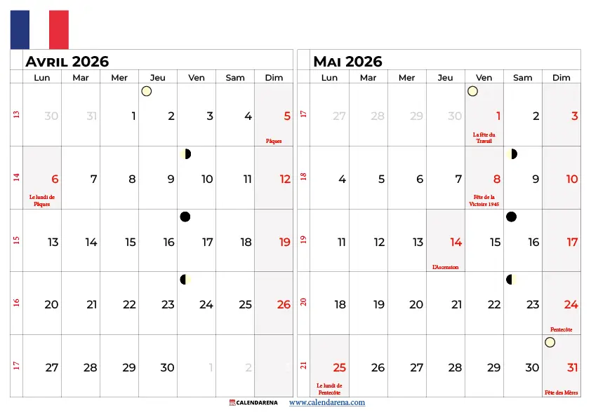 Calendrier Avril Mai 2026