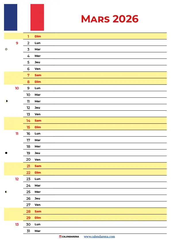 Calendrier Du Mois De Mars 2026