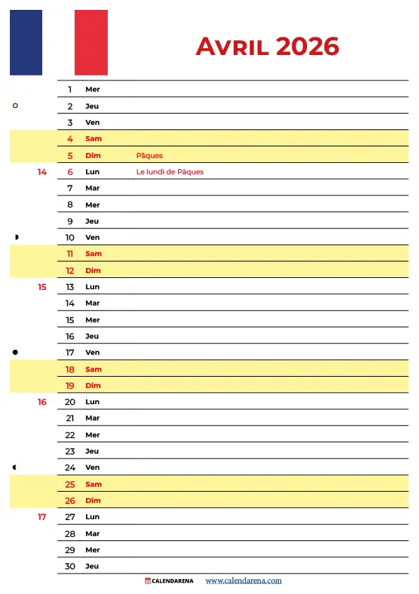 Calendrier Lunaire Avril 2026