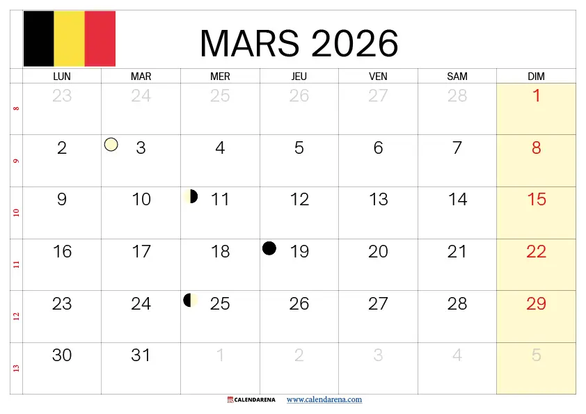 Calendrier Mars 2026 À Imprimer Belgique