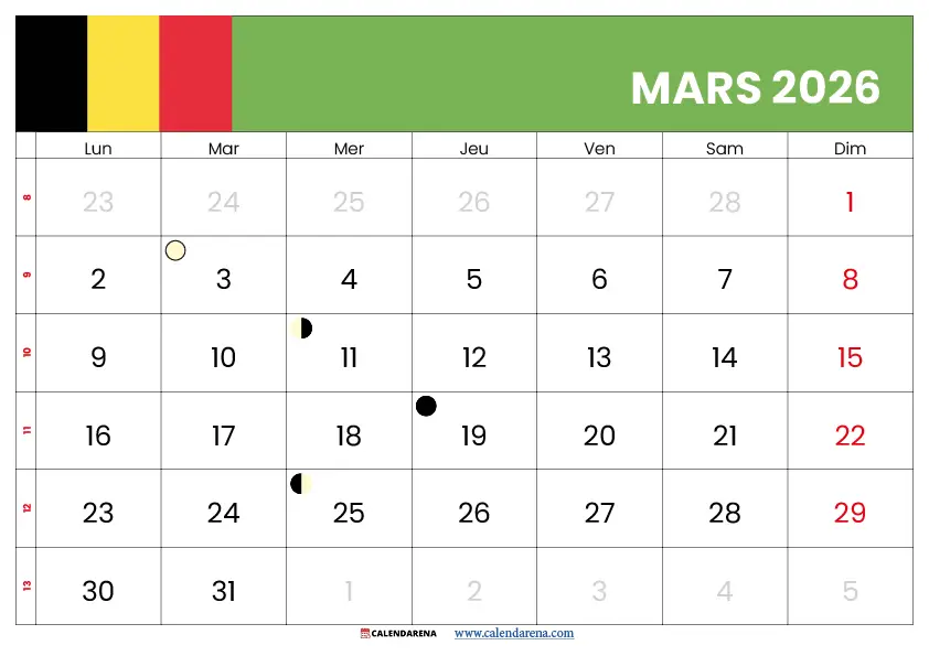 Calendrier Mars 2026 À Imprimer Gratuit Belgique