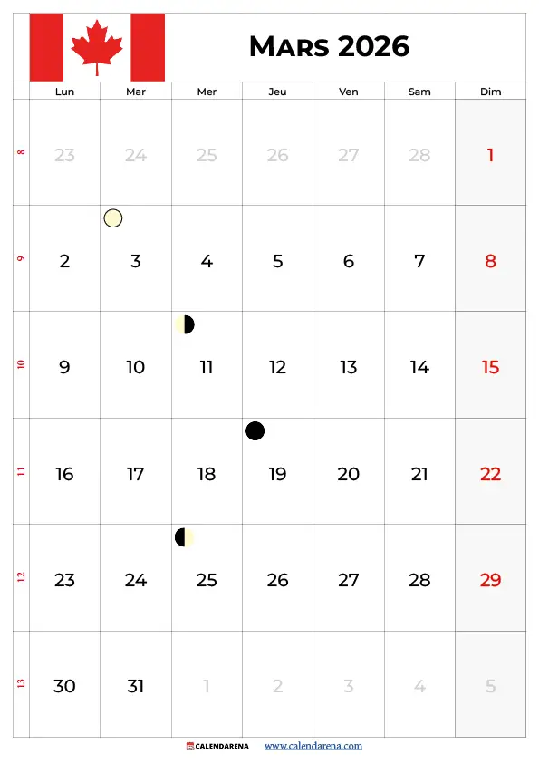 Calendrier Mars 2026 À Imprimer Gratuit Québec