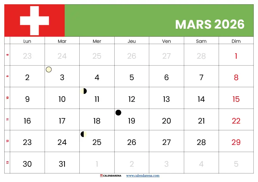 Calendrier Mars 2026 À Imprimer Gratuit suisse