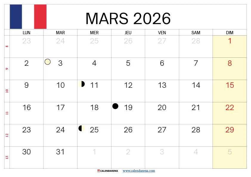 Calendrier Mars 2026 À Imprimer Gratuit