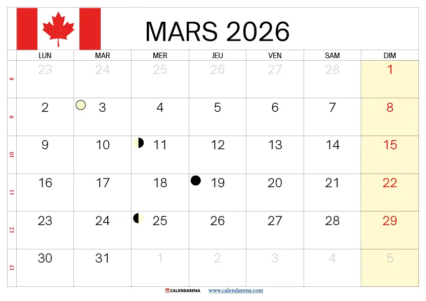 Calendrier Mars 2026 À Imprimer Québec