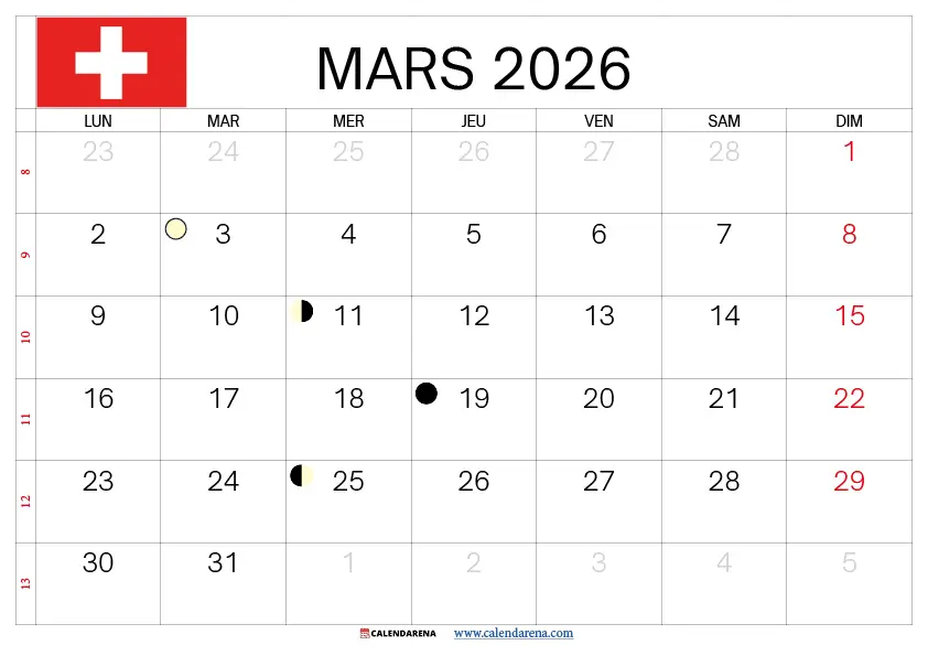 Calendrier Mars 2026 À Imprimer suisse