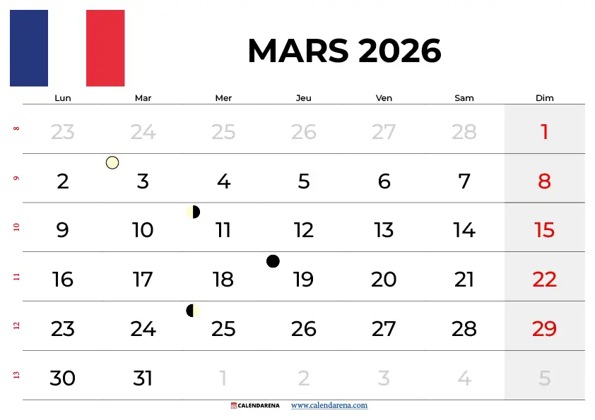 Calendrier Mars 2026 À Imprimer