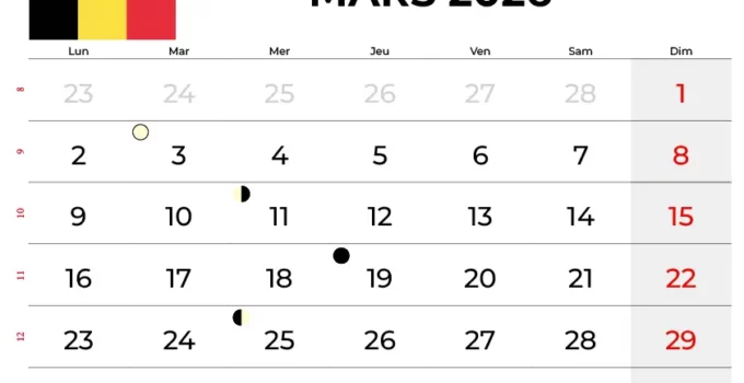 Calendrier Mars 2026 Belgique
