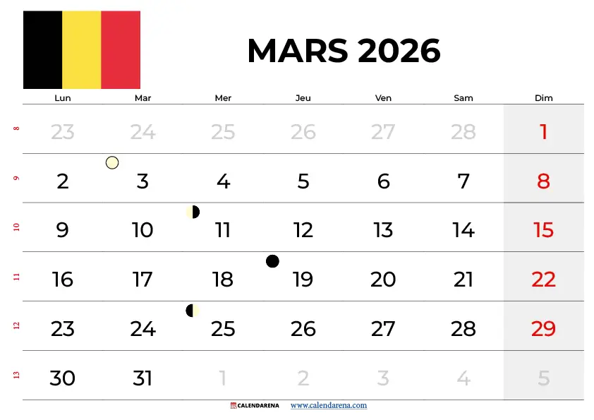 Calendrier Mars 2026 Belgique