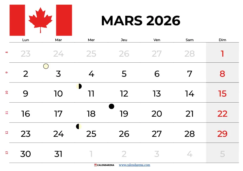 Calendrier Mars 2026 Québec
